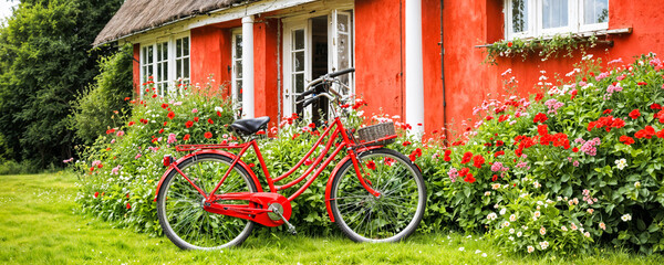 Fototapeta premium A bright red bicycle rests by a quaint cottage adorned with blooming flowers, capturing the essence of springtime in a serene countryside setting.