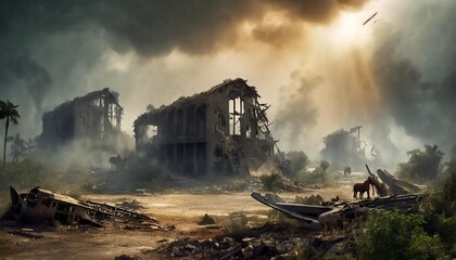 Fototapeta premium Escena apocaliptica futurista ruinas conflicto