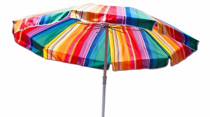 Obraz premium A bright and vibrant beach umbrella featuring an array of colorful stripes. Perfect for providing shade and adding a pop of color to any beach or outdoor setting.