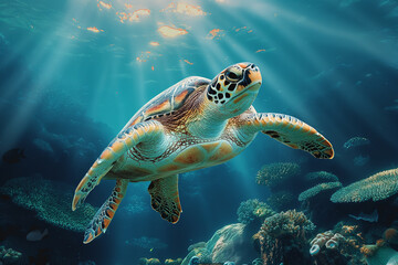 Marine turtle swimming underwater in the ocean among coral reefs, showcasing aquatic wildlife