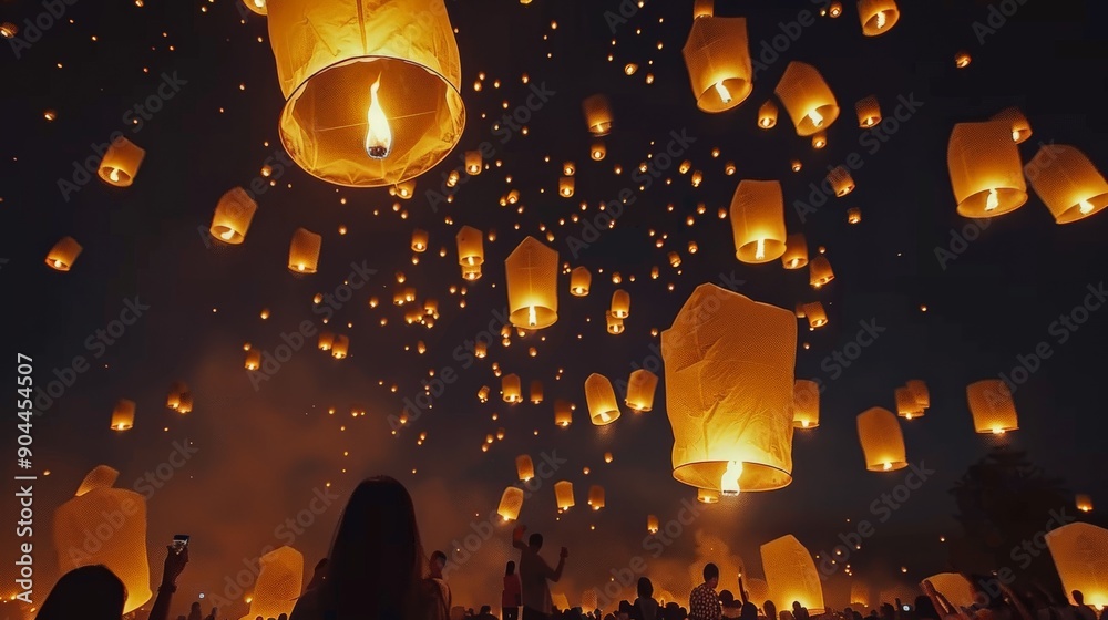 Poster Numerous glowing paper lanterns float gracefully against the dark night sky during a lantern festival, creating an enchanting and serene atmosphere for all the observers.
