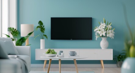 Modern Living Room With Plants, Stylish Furniture, and TV Entertainment Setup