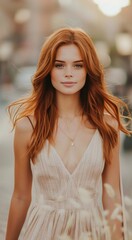 Fototapeta premium Young Woman With Red Hair Walking on a City Street at Sunset