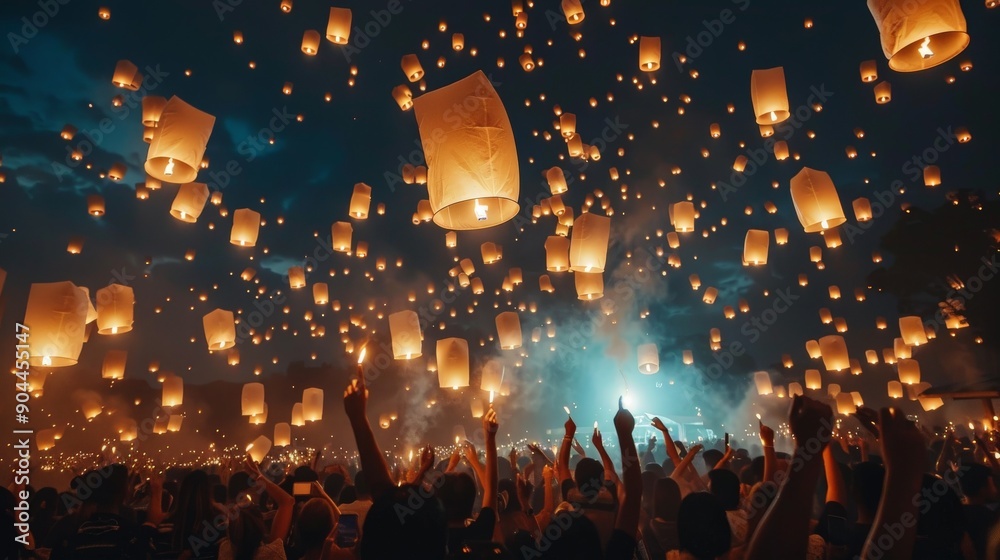 Poster A beautiful scene where glowing lanterns are being released by a group of people into the night sky, creating a mesmerizing sight and a sense of unity and celebration.