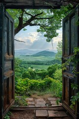 Fototapeta premium Open door leads to picturesque valley with greenery and mountain range