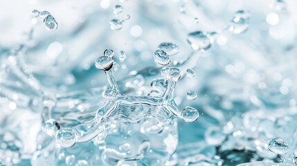   A detailed image of a water droplet on a blue and white backdrop, featuring a splash of water at the base