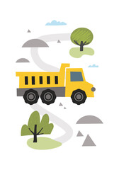 Hand drawn cute cars - Truck, tractor, cargo crane in road Little Driver. Vector cute cars for posters, fabric, textile and wallpaper design. Cars in scandinavian style