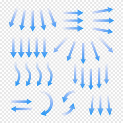 Air flow. Set of blue arrows showing direction of air movement. Wind direction arrows. Blue cold fresh stream from the conditioner. Vector illustration isolated on transparent background