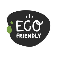Vector illustration of an 'Eco Friendly' label with handwritten text and abstract elements in black, white, and green. Ideal for environmental and sustainable branding and designs