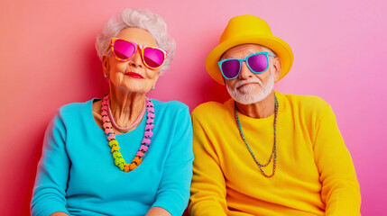 elderly couple with garishly colored clothes and jewelry in front of a pink background
