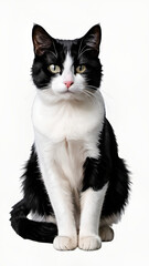 Domestic black and white cat sitting, isolated on the white background, png, generative Ai