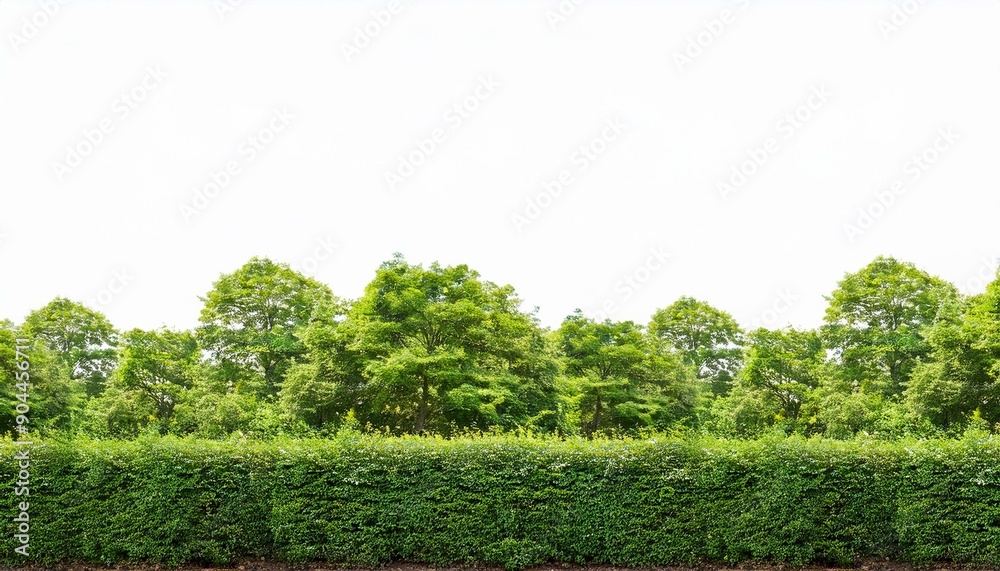 Wall mural forest landscape hedge as a natural border with green trees and shrubs isolated on transparent backg