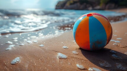 Obraz premium A beach ball is sitting on the sand near the water