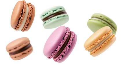 Colorful assorted macarons in pastel shades, captured against a white background. Perfect for dessert, confectionery, and bakery themes.