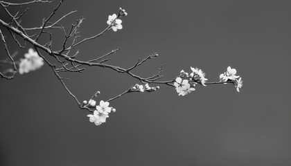 Monochrome close-up of blooming cherry blossom on a thin branch against a plain background, emphasizing the delicate beauty and contrast.