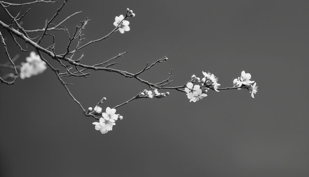 Monochrome close-up of blooming cherry blossom on a thin branch against a plain background, emphasizing the delicate beauty and contrast. - Powered by Adobe