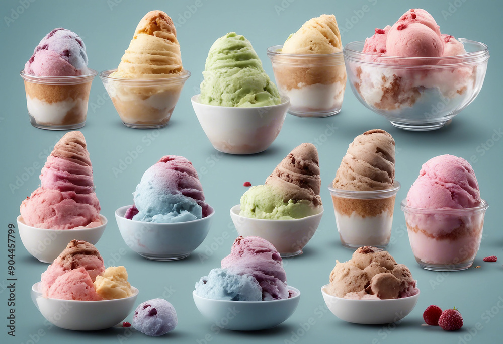 Wall mural set collection of delicious multi flavour ice cream in different bowls isolated on transparent backg