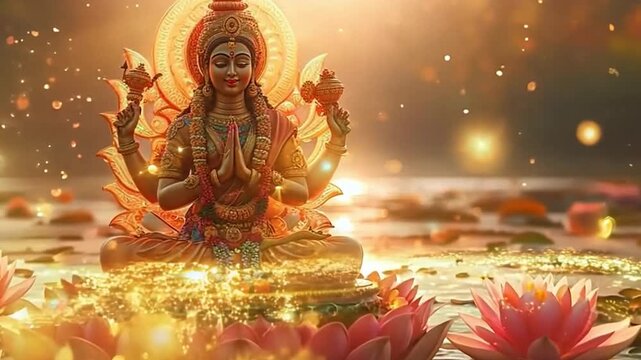 shows the Hindu goddess Laxmi, a representation of wealth and prosperity, sitting on a lotus with a celestial aura.