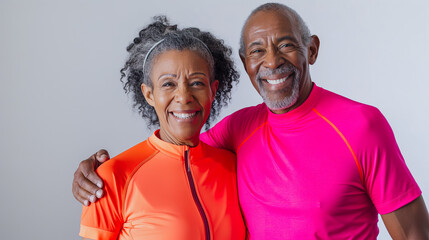 A happy senior African American couple wearing vibrant running gear, standing side by side against a clean white background 