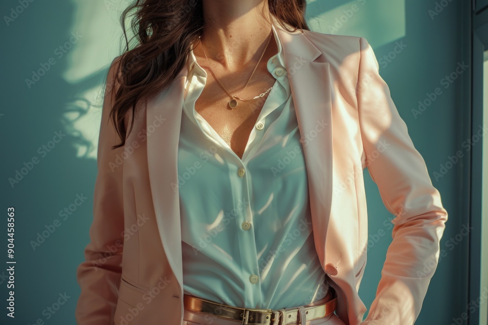 Wall mural A woman wearing a pink jacket and white shirt, possibly outdoors