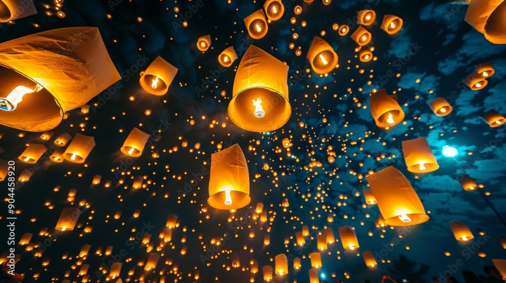 Poster a mesmerizing scene of countless glowing lanterns floating into the night sky is captured, represent