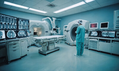 A radiologist examines detailed medical images on dual monitors in a contemporary clinical setting.
