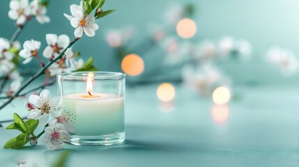   A white candle rests on a table beside a blooming tree with white blossoms