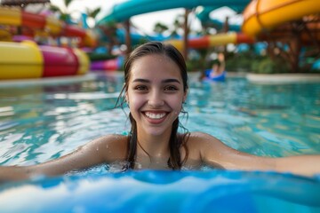 Obraz premium A smiling young woman enjoys a fun day at a water park, with colorful slides in the background, creating a joyful and vibrant atmosphere full of excitement and laughter.