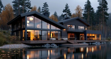 Fototapeta premium Modern House Overlooking Reflective Water at Dusk With Warm Interior Lights