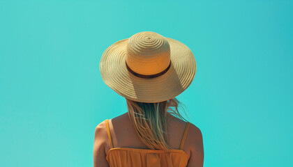 A woman with light hair wearing a wide-brimmed straw hat and an orange dress stands against a clear blue sky.