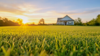 blurry illustration of a family home in the sunshine as background for a house purchase