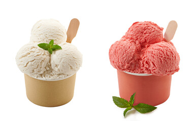 Strawberry and vanilla ice cream scoops in paper cup isolated on white background