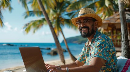 A man wearing a straw hat and a flower-patterned shirt working on a laptop at a sandy beach surrounded by palm trees, with distant mountains in the background.