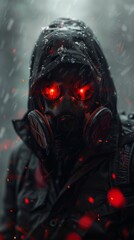 Hooded figure in a gas mask with glowing red eyes, cyberpunk style.