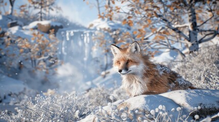 A red fox and two young foxes are gathered in a snowy landscape, surrounded by soft falling snow and blurred trees in the background