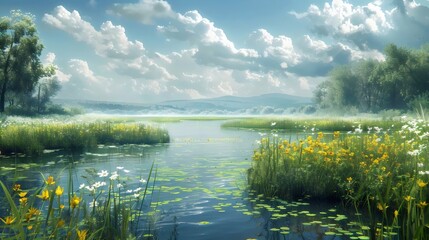 A serene landscape with a lake and a forest