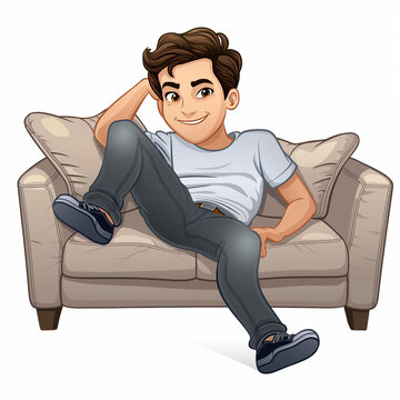 Cheerful Cartoon Male Resting on Sectional Couch - Bitmoji Style Illustration with Brown Hair