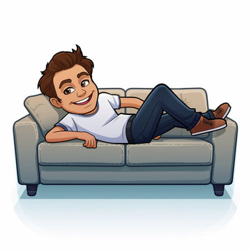 Cheerful Cartoon Character Relaxing on Sectional Couch in Bitmoji Style