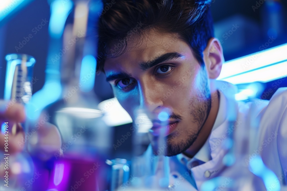 Leinwandbilder a scientist is deeply focused on conducting an experiment in a laboratory, surrounded by flasks and 