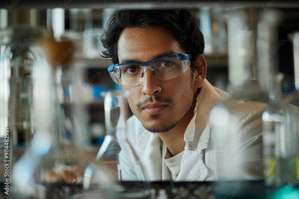 Poster a focused scientist wearing safety glasses, closely examining a laboratory setup filled with various