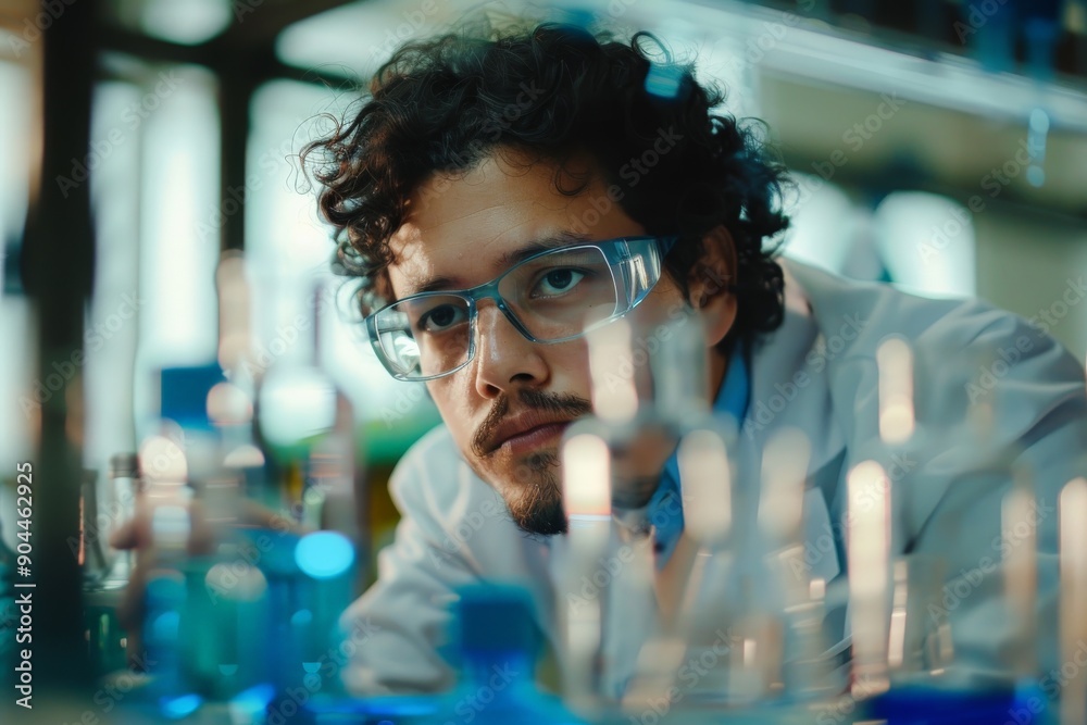 Poster a determined scientist wearing safety goggles, concentrating on an experiment involving multiple gla