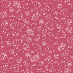 Seamless background with contour drawings of fruits. Endless background with drawings of apples, grapes, oranges, watermelon slices, lemons and bananas. Line drawings. Summer vector banner