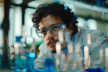 A determined scientist wearing safety goggles, concentrating on an experiment involving multiple glass instruments in a lab, symbolizing dedication to research.