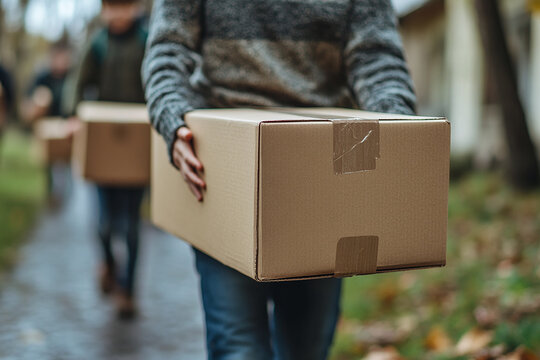 Photograph of a Family Moving into a New Home: A family carrying boxes into their new house.