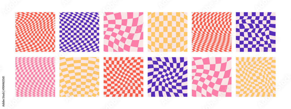 Wall mural square psychedelic checkerboard acid backgrounds with warped swirl grid tile, wavy lines. twisted ch