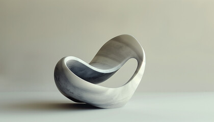 A modern, abstract marble sculpture with smooth curves and a loop design, set against a plain beige background.