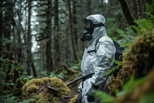 Epidemiologist in yellow suit traversing rugged terrain. An epidemiologist in a yellow protective suit navigates through rugged terrain, conducting crucial environmental research in a hazardous area.