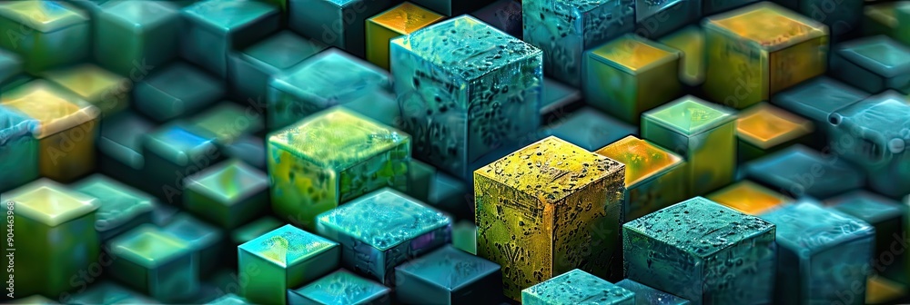 Poster colorful pattern of blue, green, and yellow blocks forming a textured arrangement in an abstract set