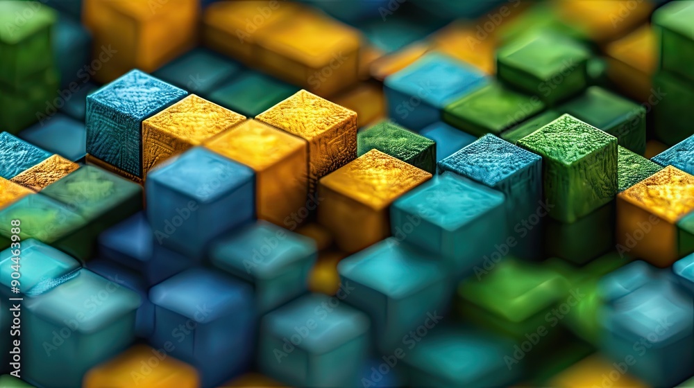 Poster colorful arrangement of blocks in blue, green, and yellow creating a vibrant pattern