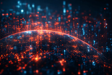 Vibrant abstract visualization of digital network connections across a global landscape at night